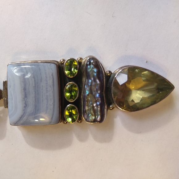 LARGE 925 SILVER MULTI GEM PENDANT, AGATE ABOLENE SHELL, PERIDOT GARNET, HINGED - Picture 9 of 10